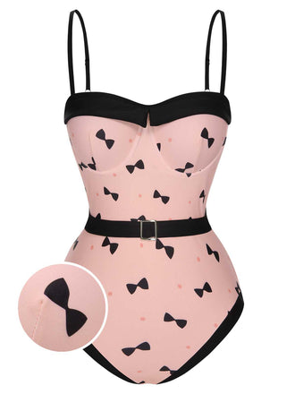 [US Warehouse] Pink 1950s Bow Polka Dots Print One-Piece Swimsuit