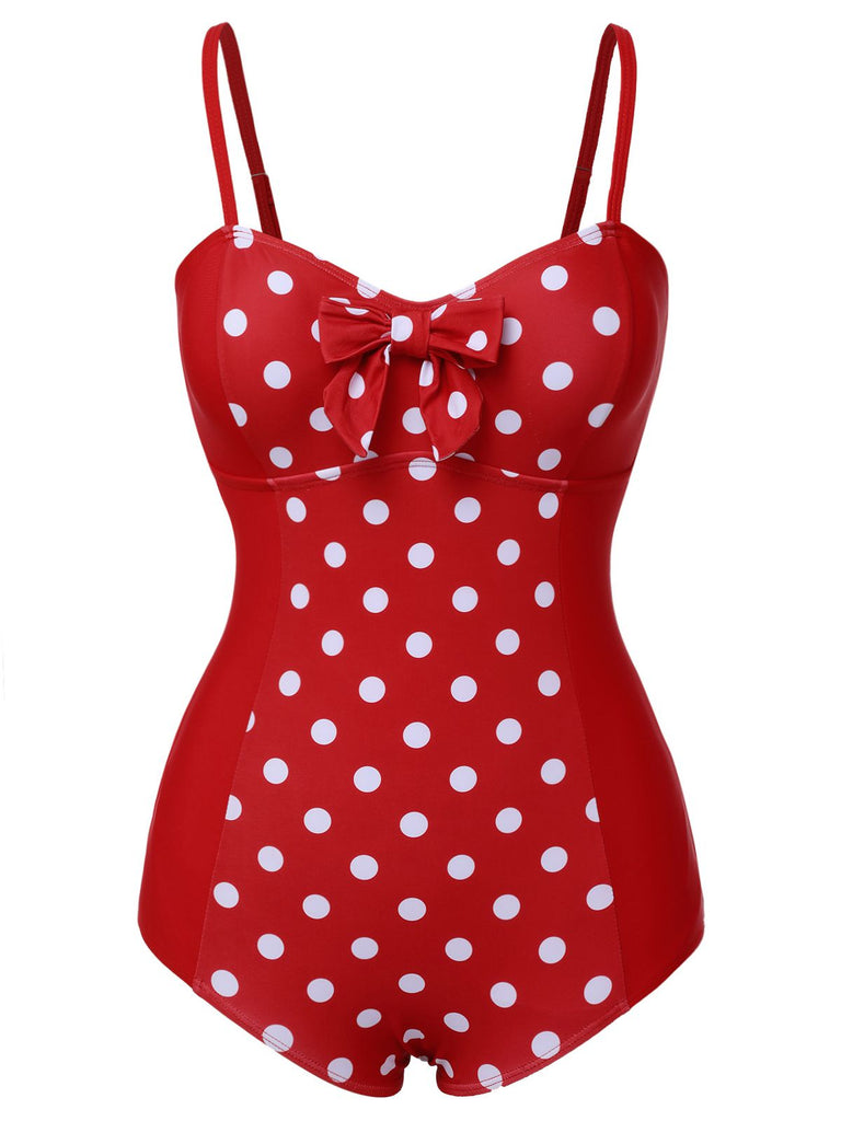 Red 1950s Polka Dot Patchwork Strap Swimsuit