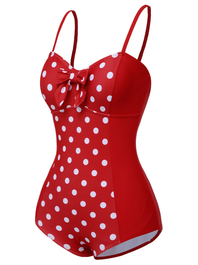 Red 1950s Polka Dot Patchwork Strap Swimsuit