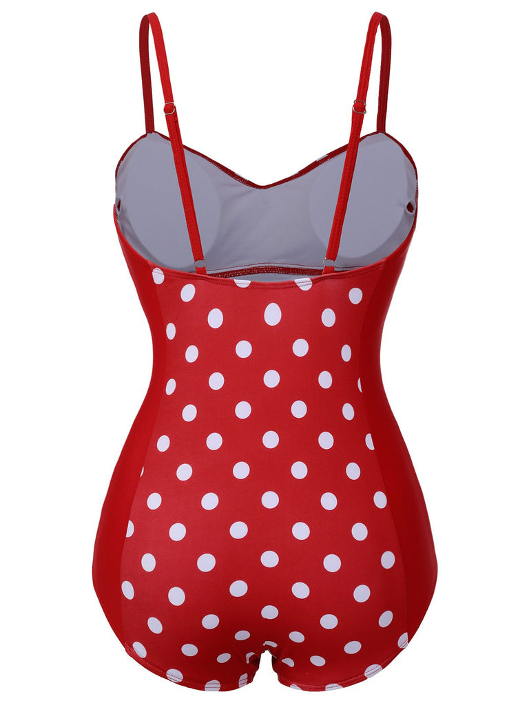 Red 1950s Polka Dot Patchwork Strap Swimsuit