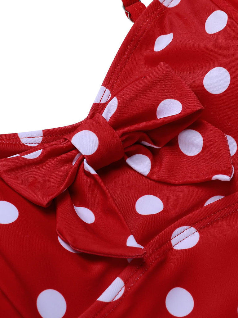 Red 1950s Polka Dot Patchwork Strap Swimsuit