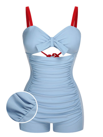 [US Warehouse] Blue 1930s Folds Back Strap One-Piece Swimsuit