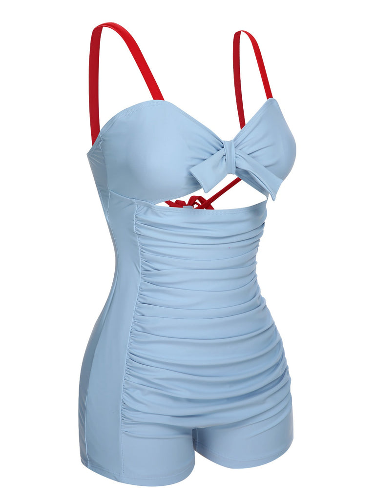 [Pre-Sale] Blue 1930s Folds Back Strap One-Piece Swimsuit