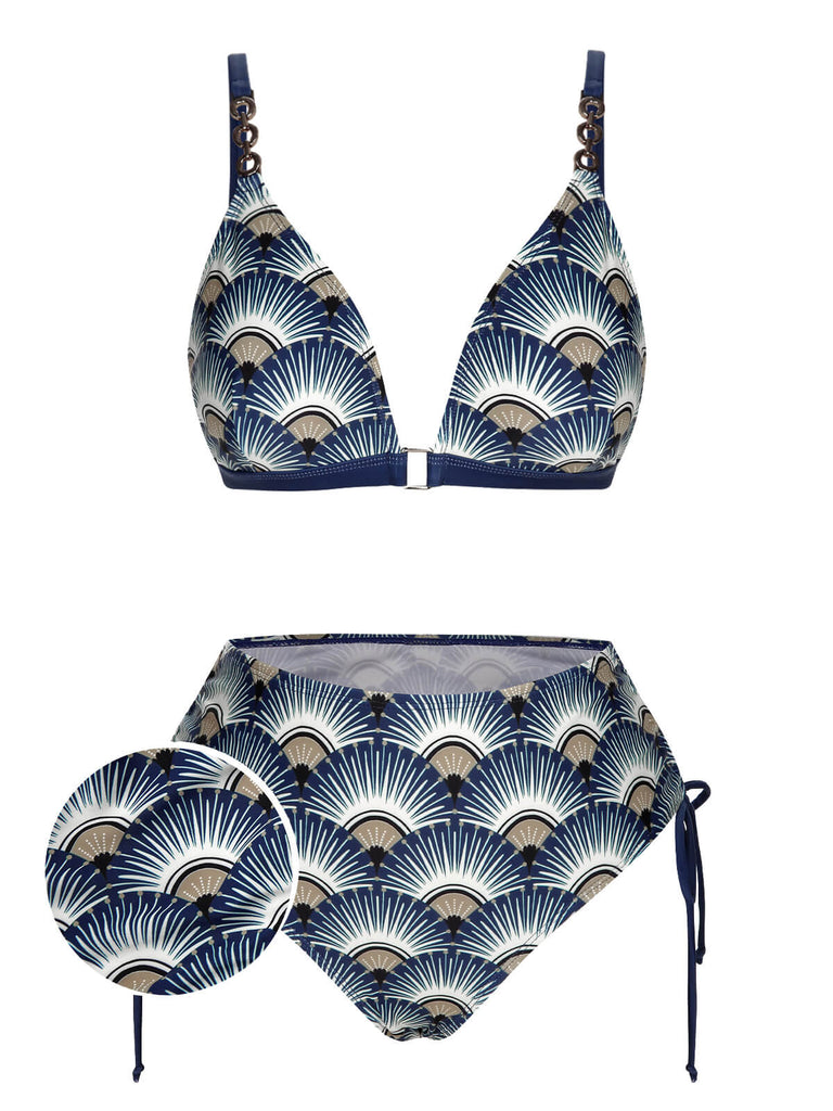 [Pre-Sale] Blue 1930s Ancient Fan Lace-Up Bikini Set