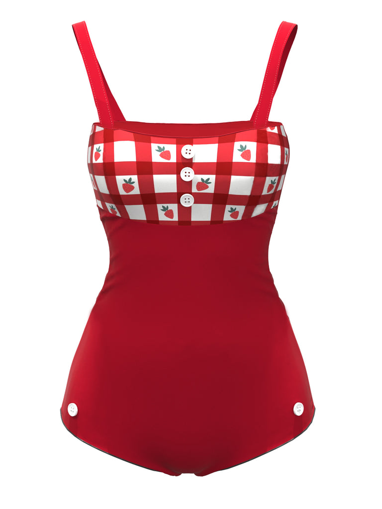 [Pre-Sale] Red 1950s Strawberry Plaid Suspender Swimsuit