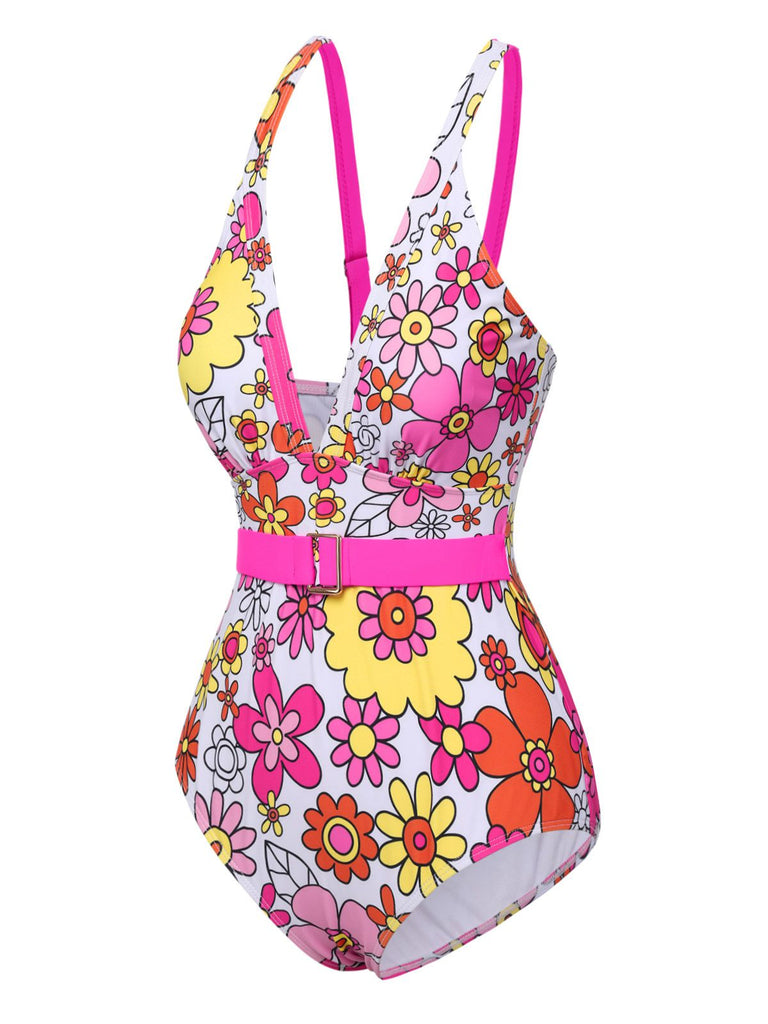 [Pre-Sale] 1960s Flowers Back-Cross Strap Belt Swimsuit
