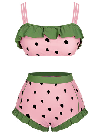 [US Warehouse] Pink 1950s Strawberry Ruffle Strap Swimsuit
