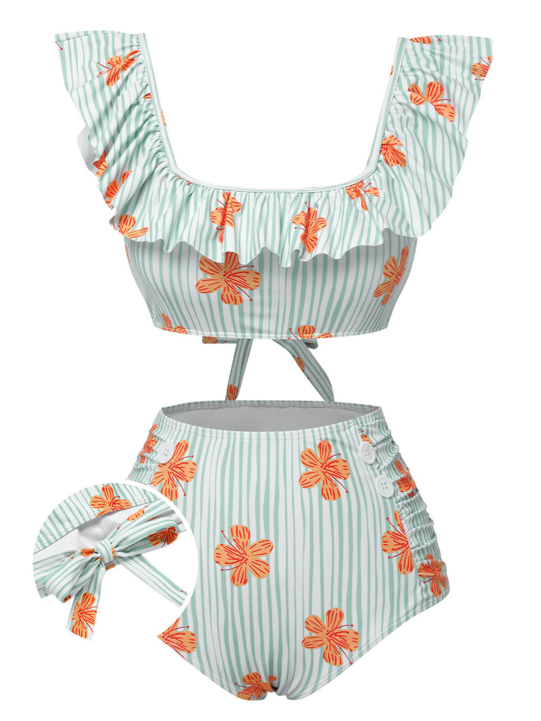 [Pre-Sale] Light Green 1950s Floral Stripe Ruffle Swimsuit