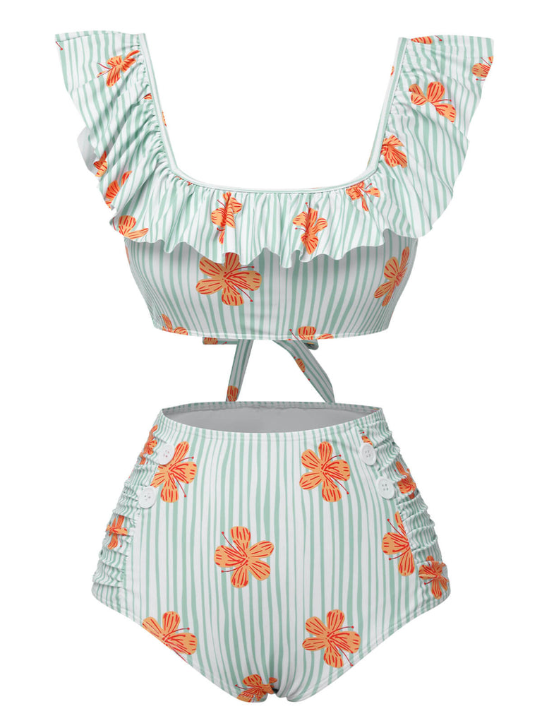 [Pre-Sale] Light Green 1950s Floral Stripe Swimsuit & Skirt Cover-Up