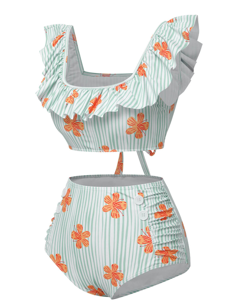 [Pre-Sale] Light Green 1950s Floral Stripe Ruffle Swimsuit