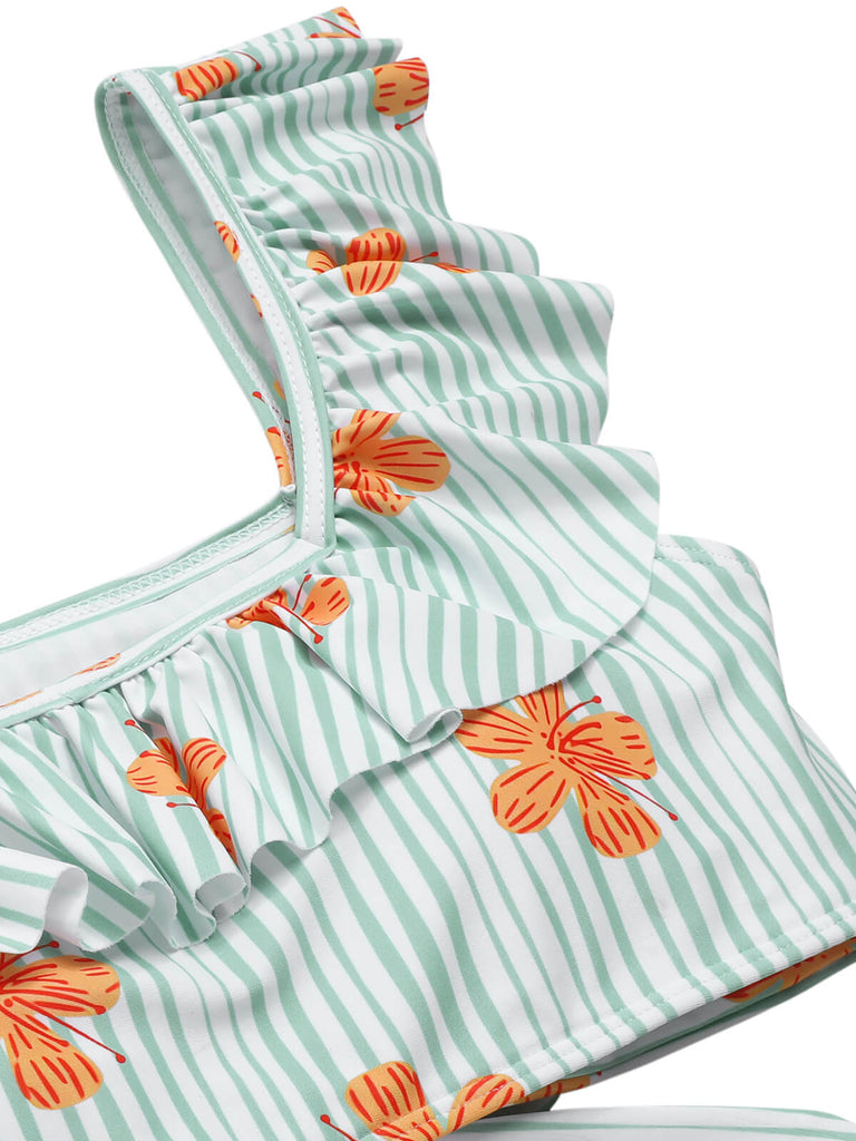 [Pre-Sale] Light Green 1950s Floral Stripe Ruffle Swimsuit