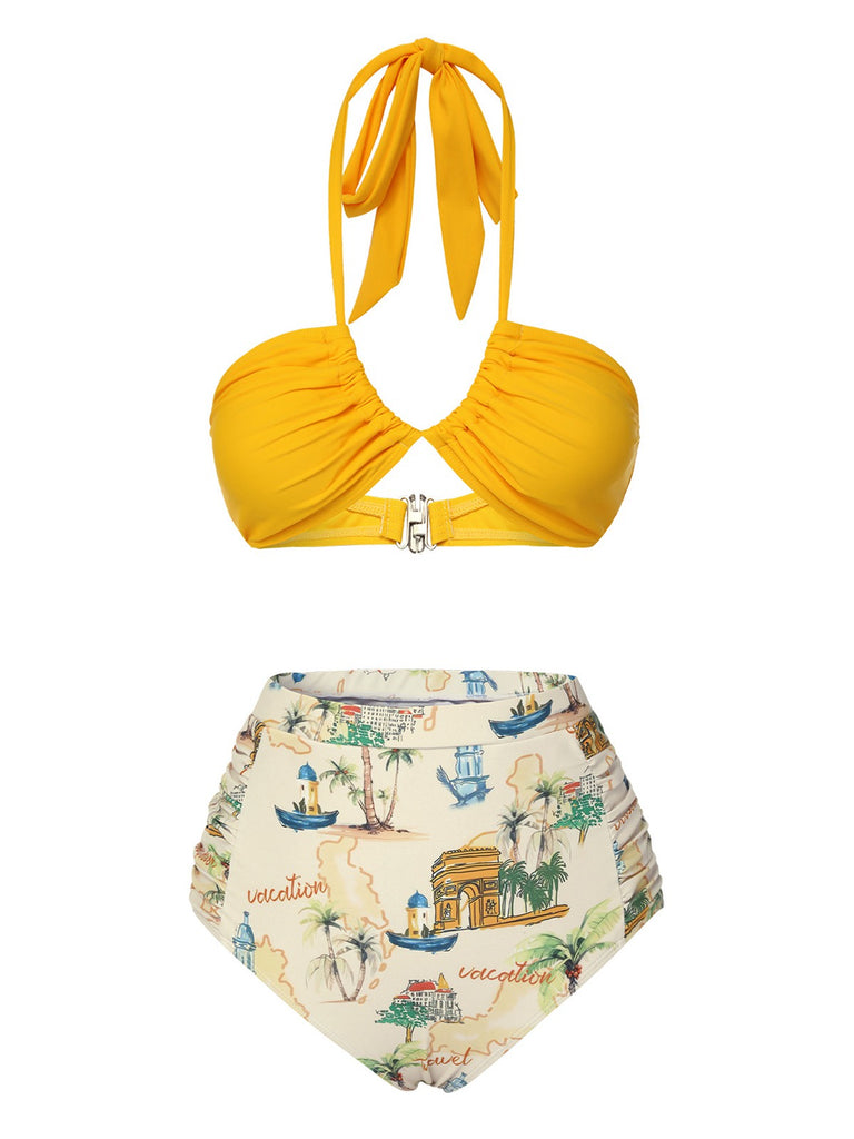 Yellow 1970s Retro Architectural Pattern Halter Swimsuit