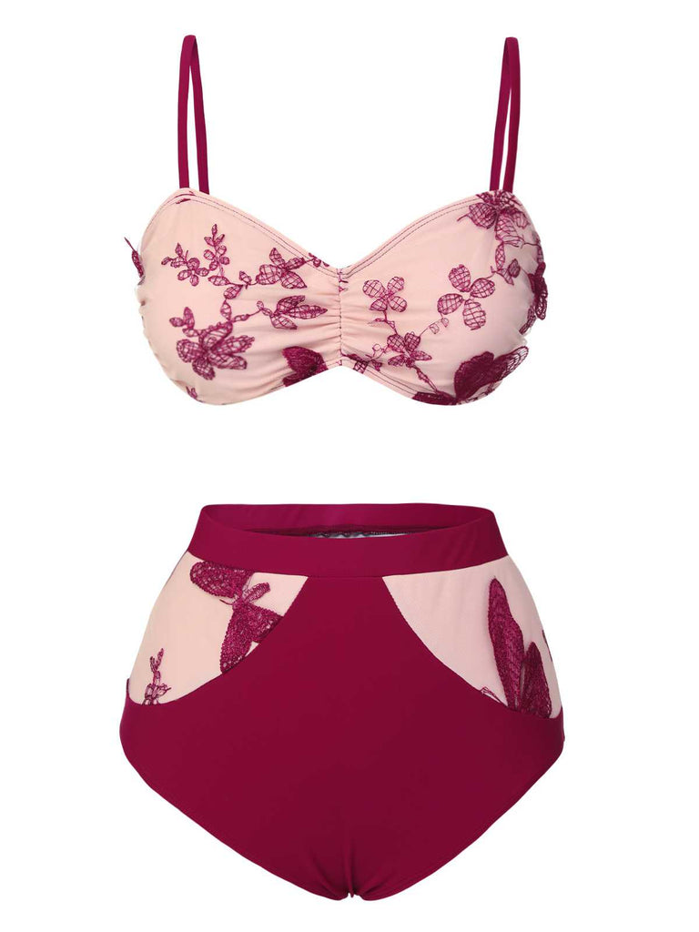 Wine Red 1950s Spaghetti Strap Butterflies Swimsuit