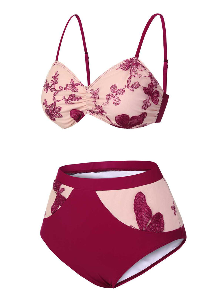 Wine Red 1950s Spaghetti Strap Butterflies Swimsuit