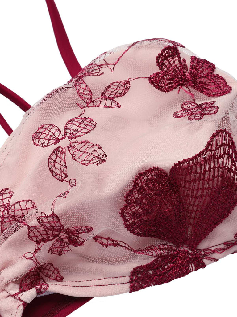 Wine Red 1950s Spaghetti Strap Butterflies Swimsuit