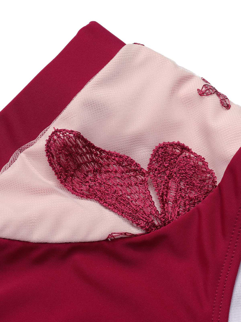 Wine Red 1950s Spaghetti Strap Butterflies Swimsuit