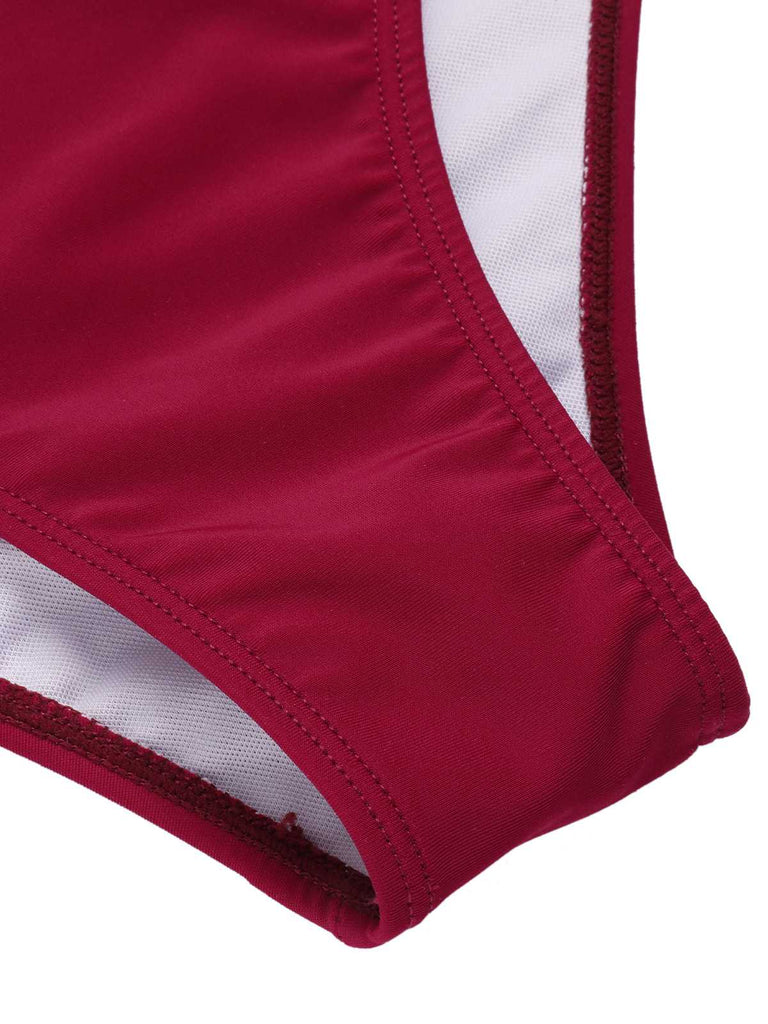 Wine Red 1950s Spaghetti Strap Butterflies Swimsuit