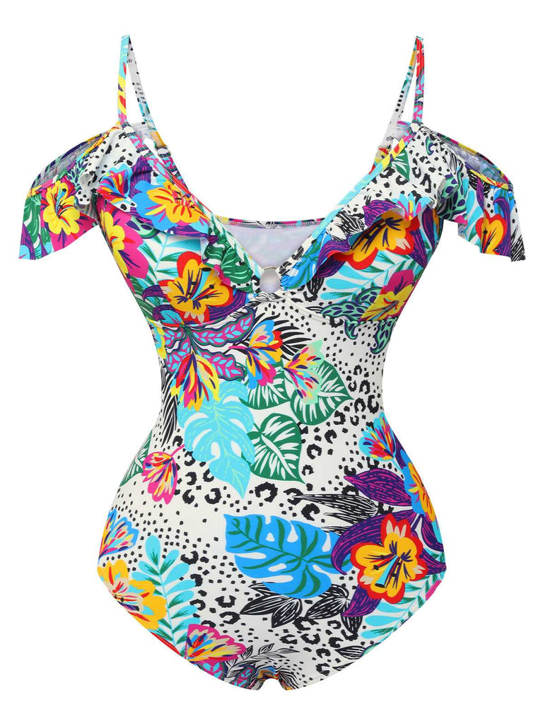 Multicolor 1960s Tropical Plant One-Piece Swimsuit