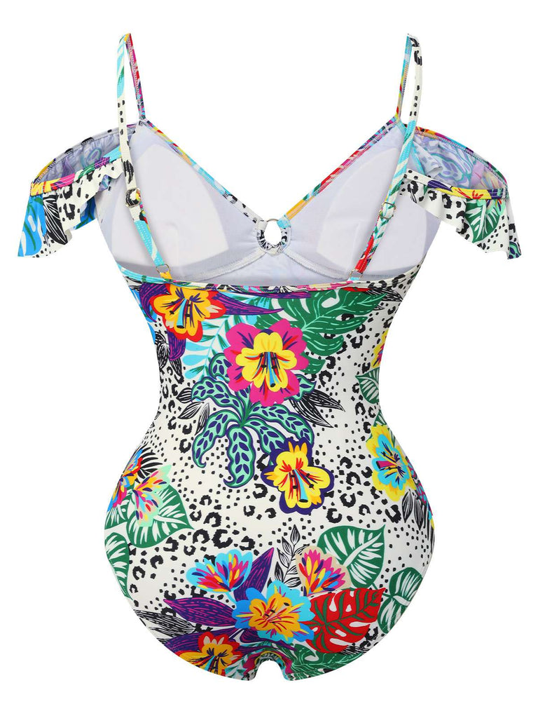 Multicolor 1960s Tropical Plant One-Piece Swimsuit