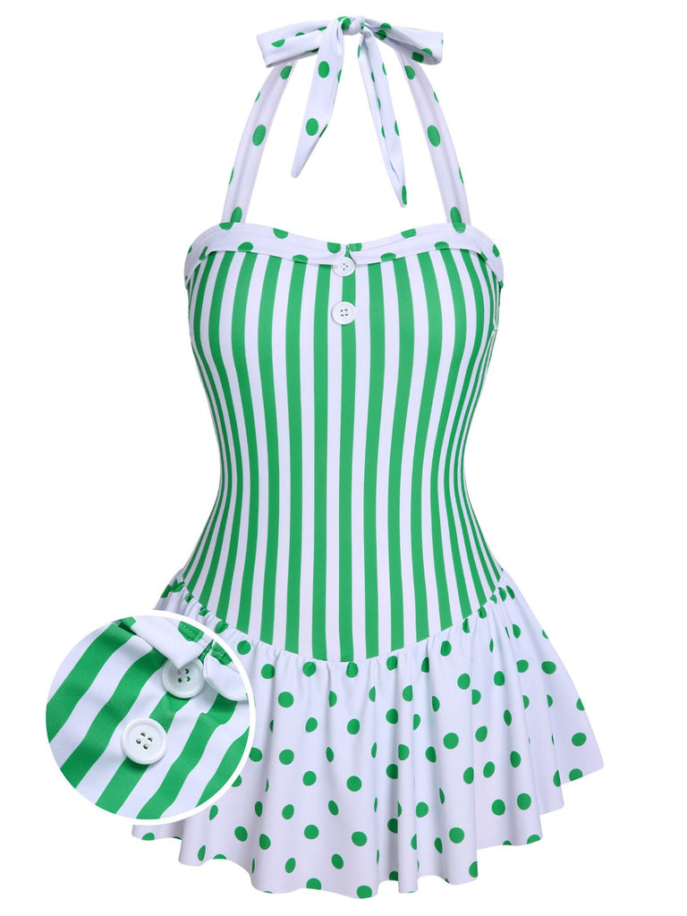 [Pre-Sale] Green 1940s Polka Dots Stripes Halter Swimsuit