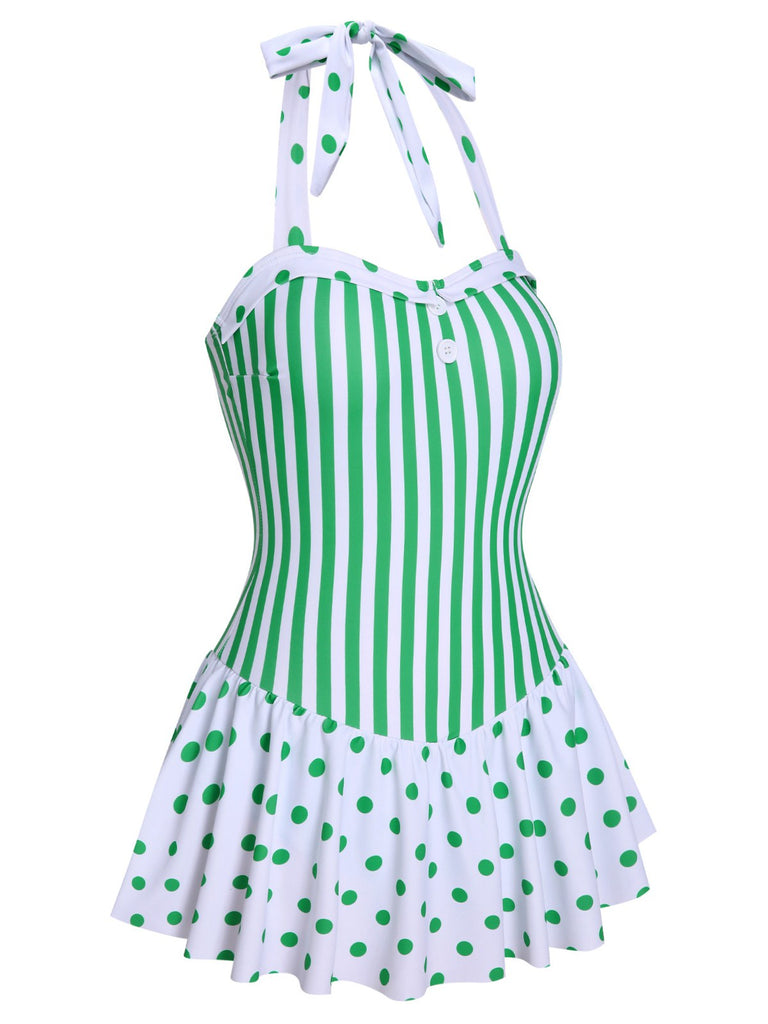 [Pre-Sale] Green 1940s Polka Dots Stripes Halter Swimsuit