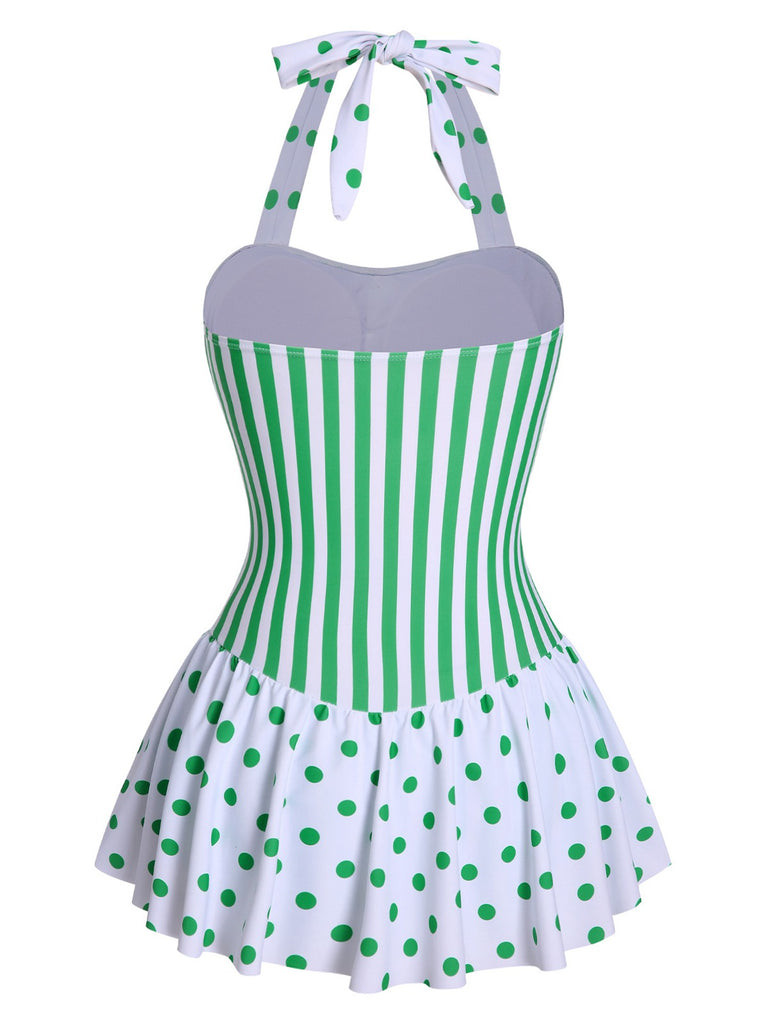 [Pre-Sale] Green 1940s Polka Dots Stripes Halter Swimsuit