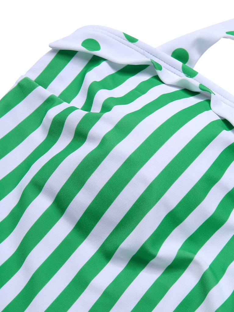 [Pre-Sale] Green 1940s Polka Dots Stripes Halter Swimsuit