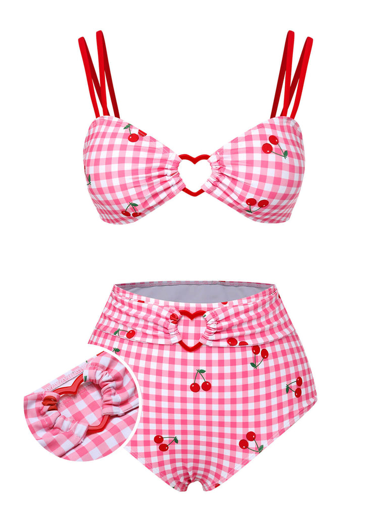 Vintage Pink Checkered Bathing Suit Pink 1950s Plaid Cherry Strap