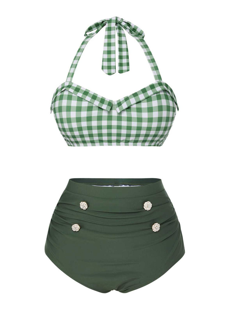 [Pre-Sale] Green Gray 1940s Halter Plaids Swimsuit