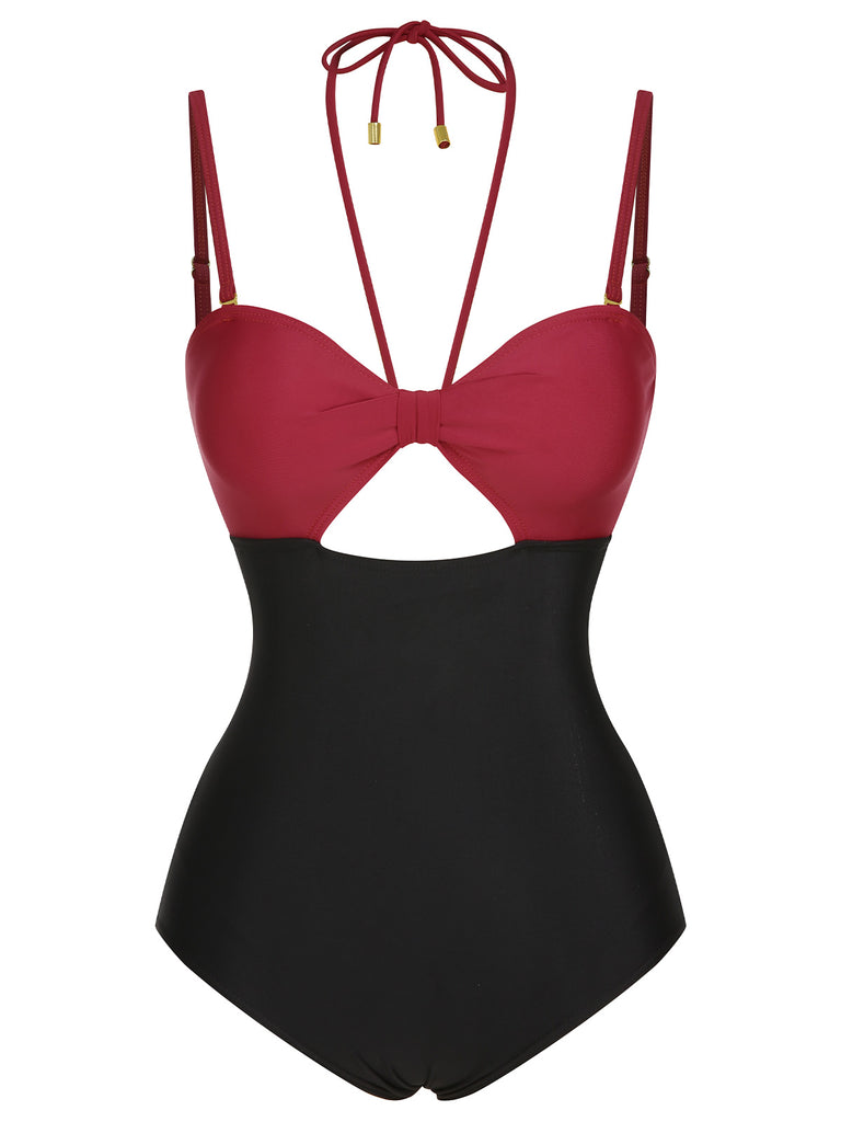 1950s Solid Cutout Halter Strap Swimsuit