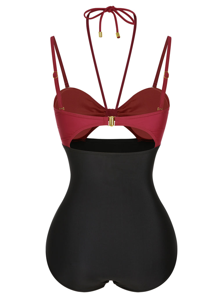 1950s Solid Cutout Halter Strap Swimsuit