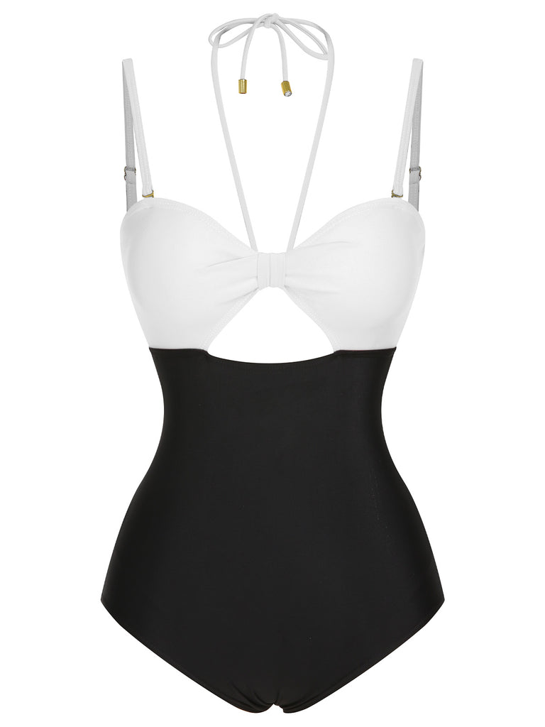 1950s Solid Cutout Halter Strap Swimsuit