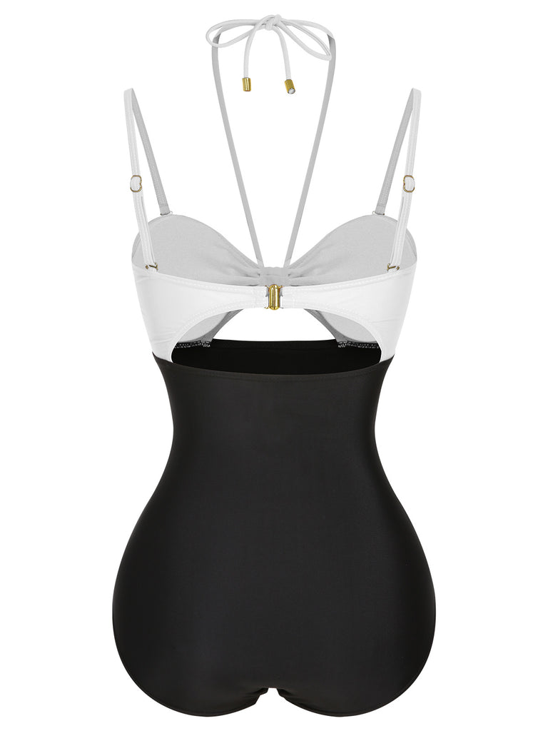 1950s Solid Cutout Halter Strap Swimsuit