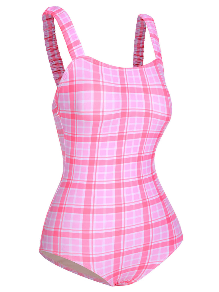 1950s Plaid Elastic Gathers One-Piece Swimsuit