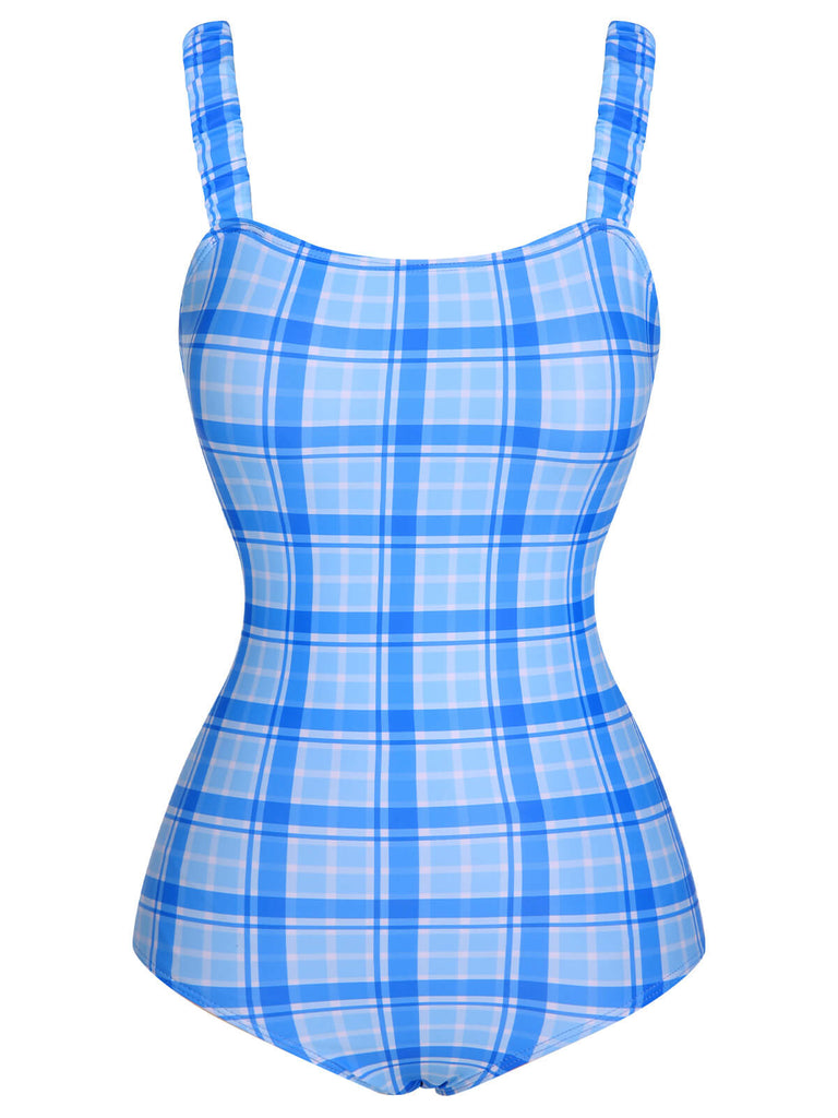 1950s Plaid Elastic Gathers One-Piece Swimsuit