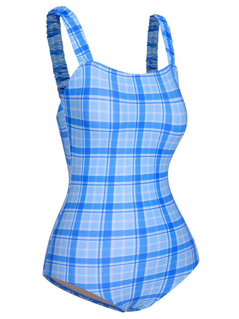 1950s Plaid Elastic Gathers One-Piece Swimsuit