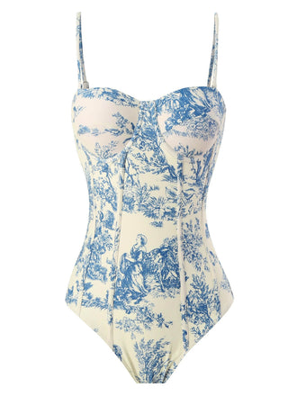 [US Warehouse] 1960s Ink Floral Spaghetti Strap One-Piece Swimsuit