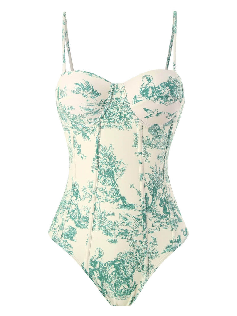 1950s Ink Floral Spaghetti Strap One-Piece Swimsuit
