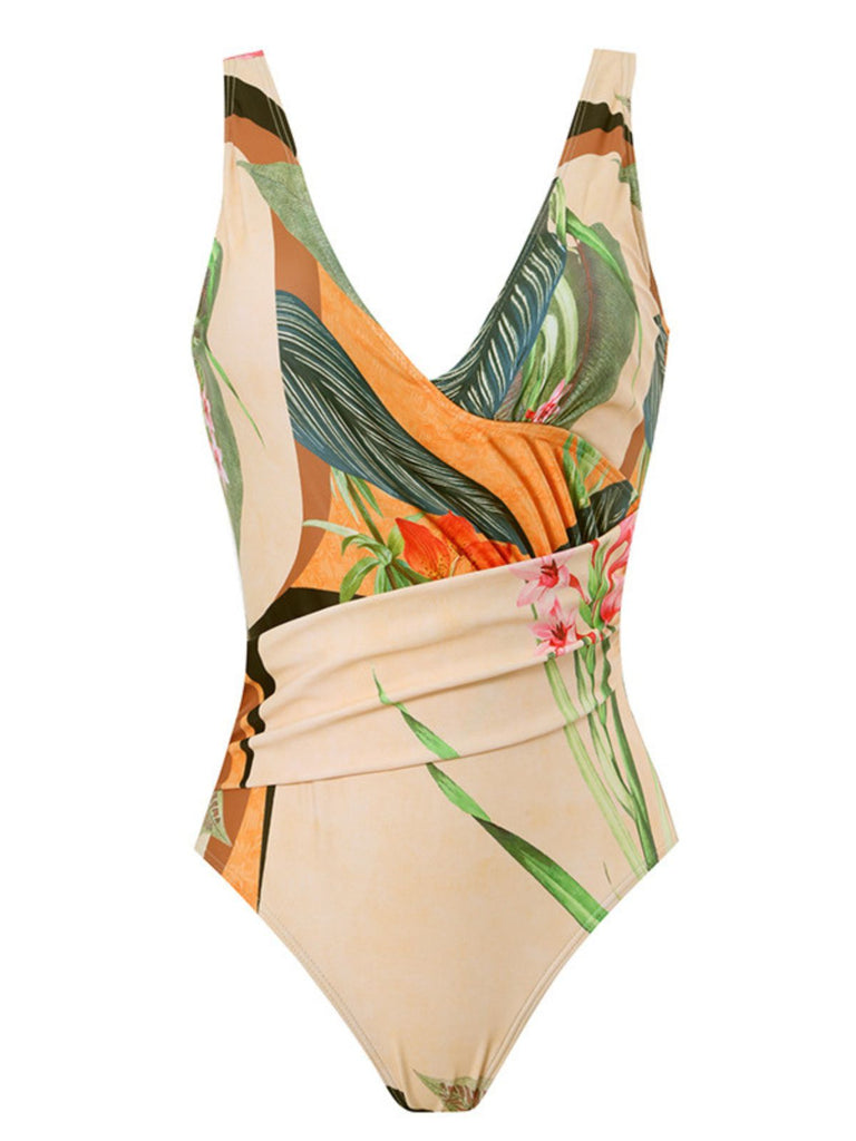 1940s Tropical Plant Backless Swimsuit