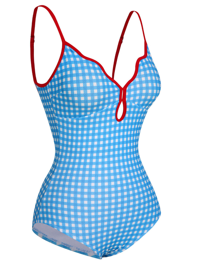 Blue 1950s Plaid Sling One-Piece Swimsuit