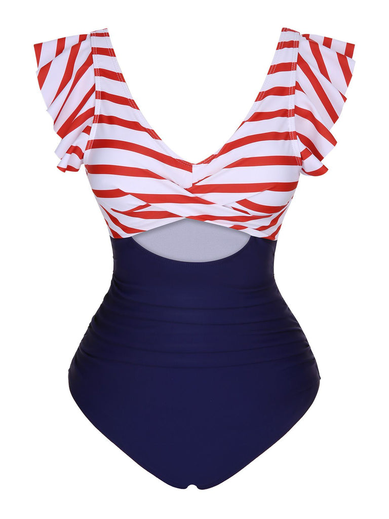 1930s Ruffled Striped One-Piece Swimsuit
