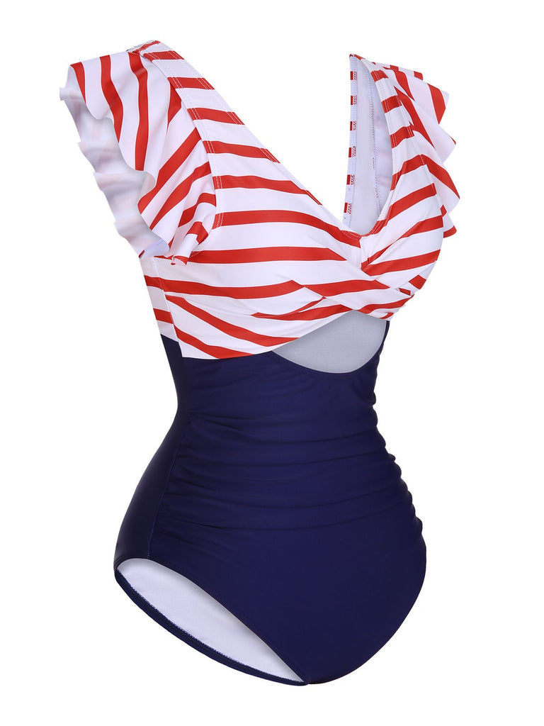 1930s Ruffled Striped One-Piece Swimsuit