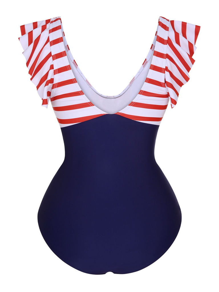 1930s Ruffled Striped One-Piece Swimsuit