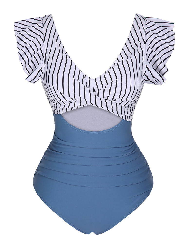 1930s Ruffled Striped One-Piece Swimsuit