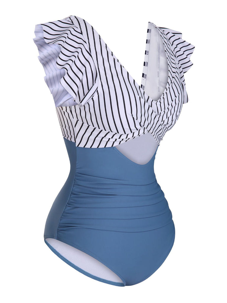 1930s Ruffled Striped One-Piece Swimsuit