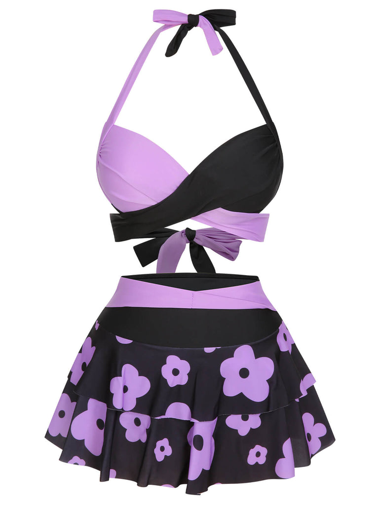 1970s Color Block Floral Halter Swimsuit
