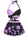 1970s Color Block Floral Halter Swimsuit