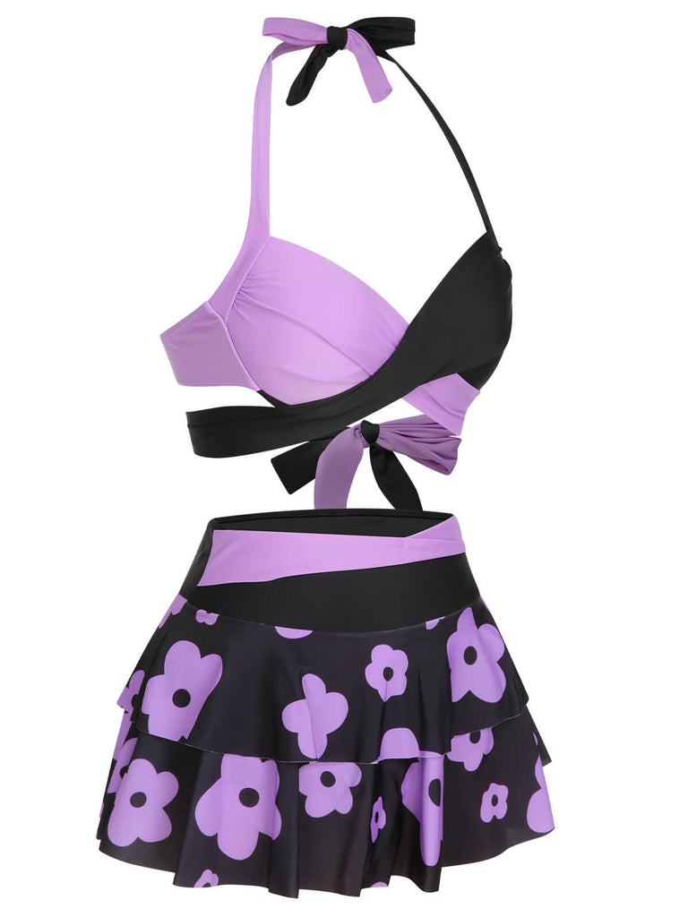 1970s Color Block Floral Halter Swimsuit