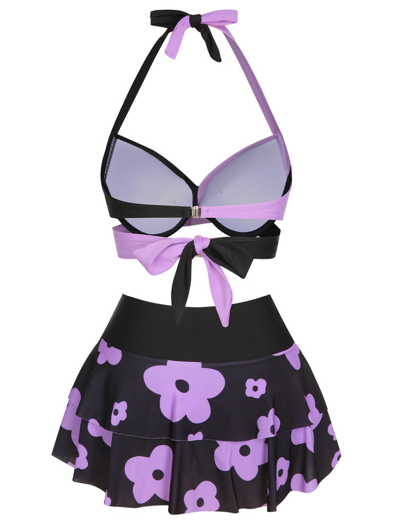 1970s Color Block Floral Halter Swimsuit