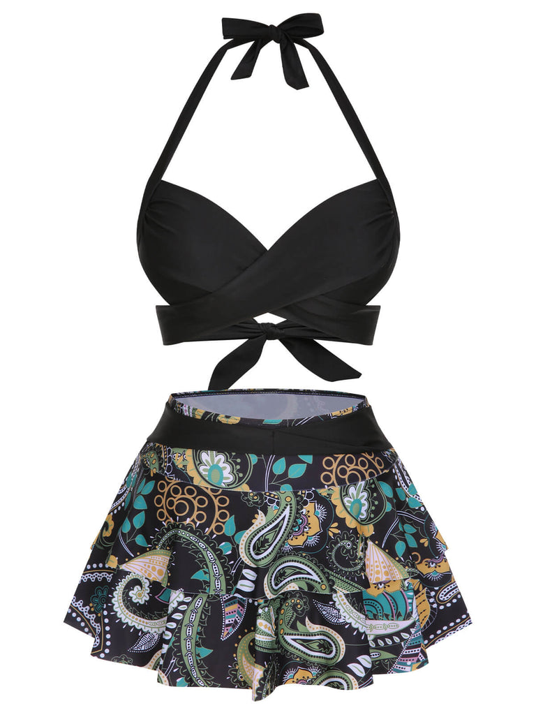1970s Color Block Floral Halter Swimsuit